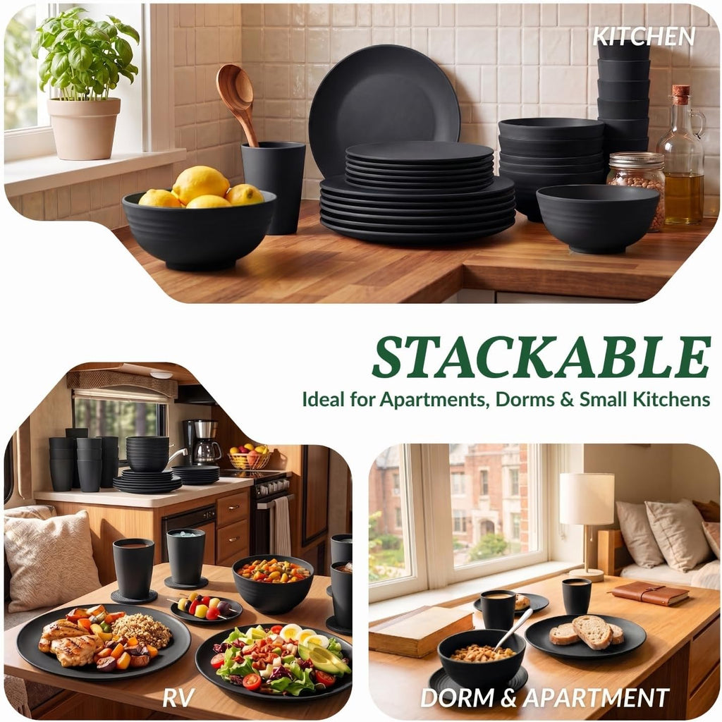 Homienly Wheat Straw Dinnerware Set,40-Piece Dish Set for 8, Dinner Plates, Dessert Plate, Cereal Bowls, Cups, Appetizer Plates,Reusable Dinner Plates Kids Plates and Bowls Sets,Black