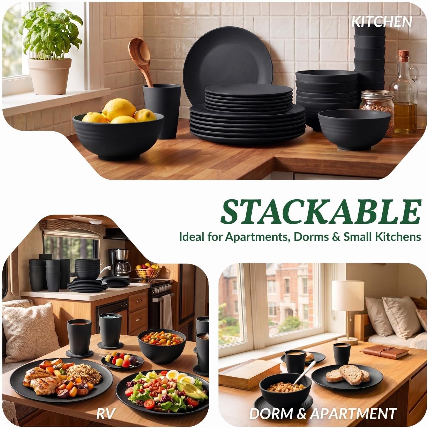 Homienly Wheat Straw Dinnerware Set,40-Piece Dish Set for 8, Dinner Plates, Dessert Plate, Cereal Bowls, Cups, Appetizer Plates,Reusable Dinner Plates Kids Plates and Bowls Sets,Black