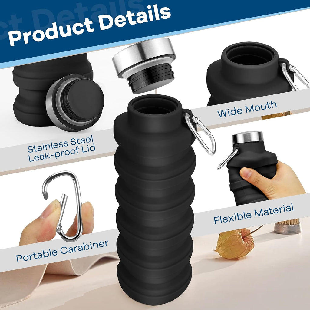 Collapsible Water Bottle,17oz Reusable BPA Free Silicone Foldable Water Bottles for Travel Gym Camping Hiking Outdoor Indoor Sport-(Black+Gray)