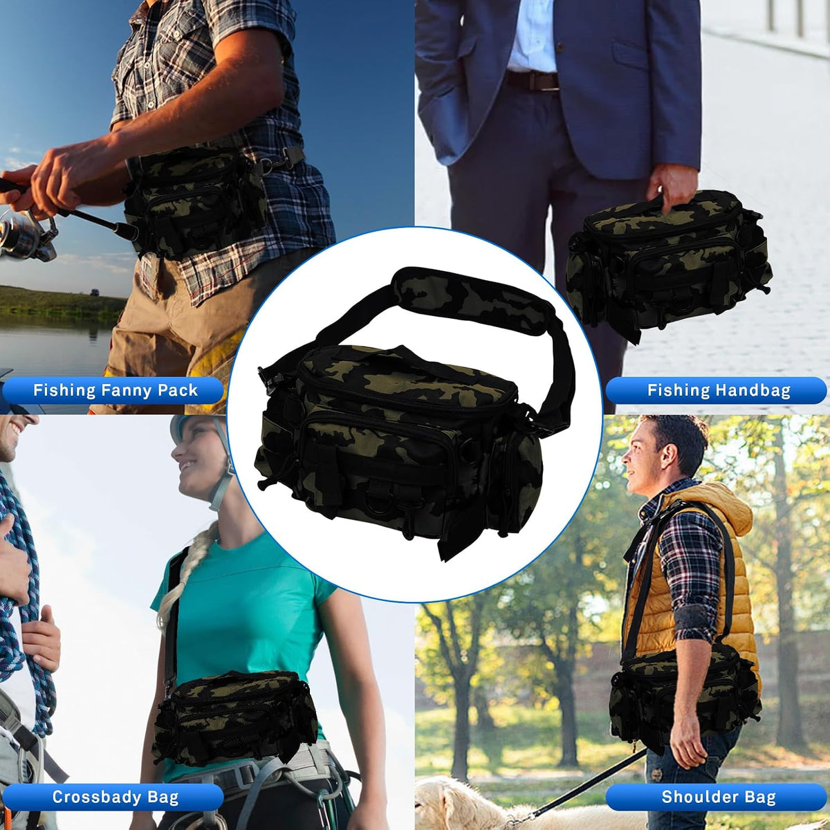 Fishing Waist Bag with Adjustable Belt/Shoulder Strap, Waterproof Tackle Storage Bag, Fishing Fanny Pack for Men, Shoulder Bag, Lures Organizer Pouch, Travel Pack for Running Hiking Outdoor