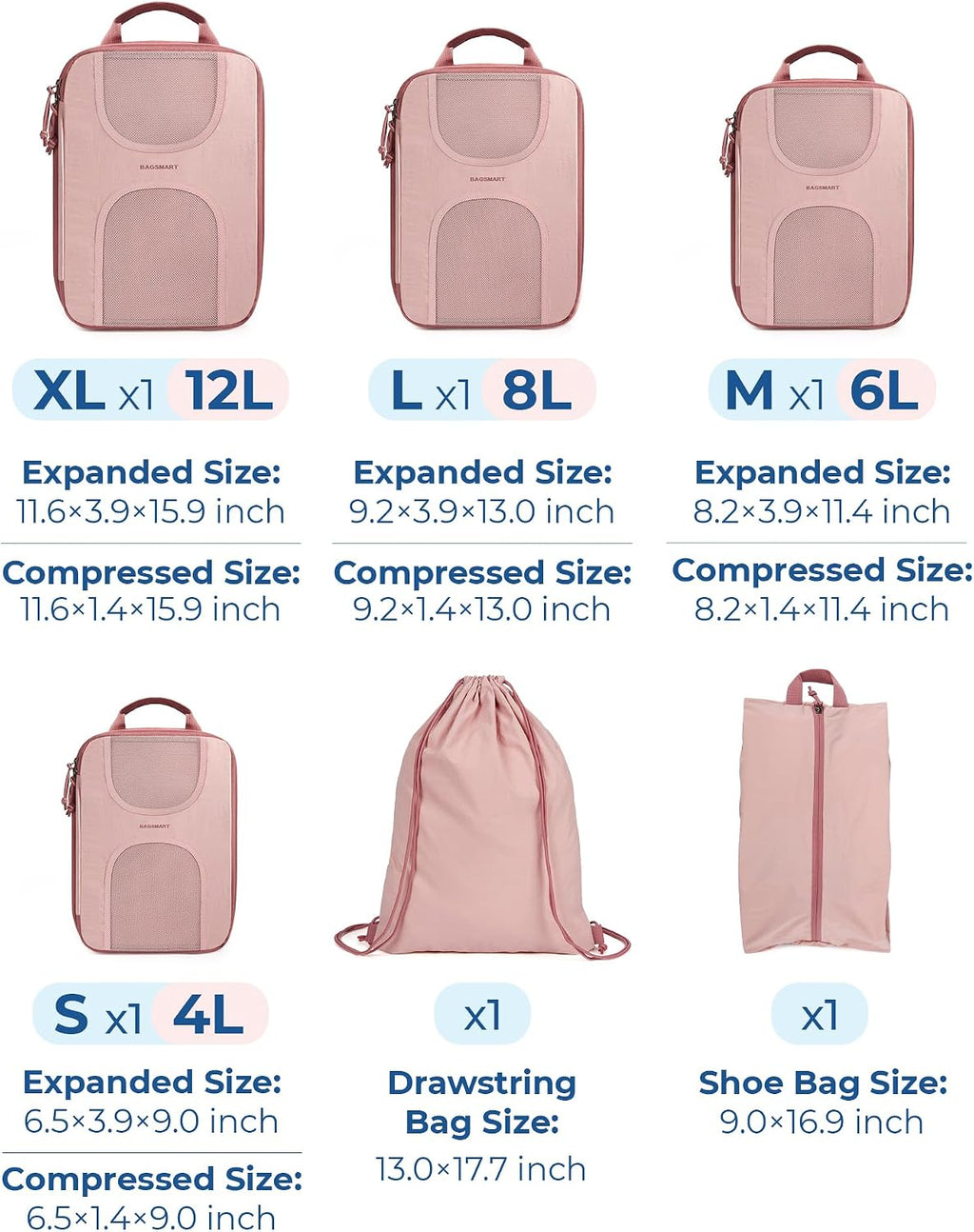BAGSMART 6 Set Compression Packing Cubes, Travel Luggage Organizer Bags