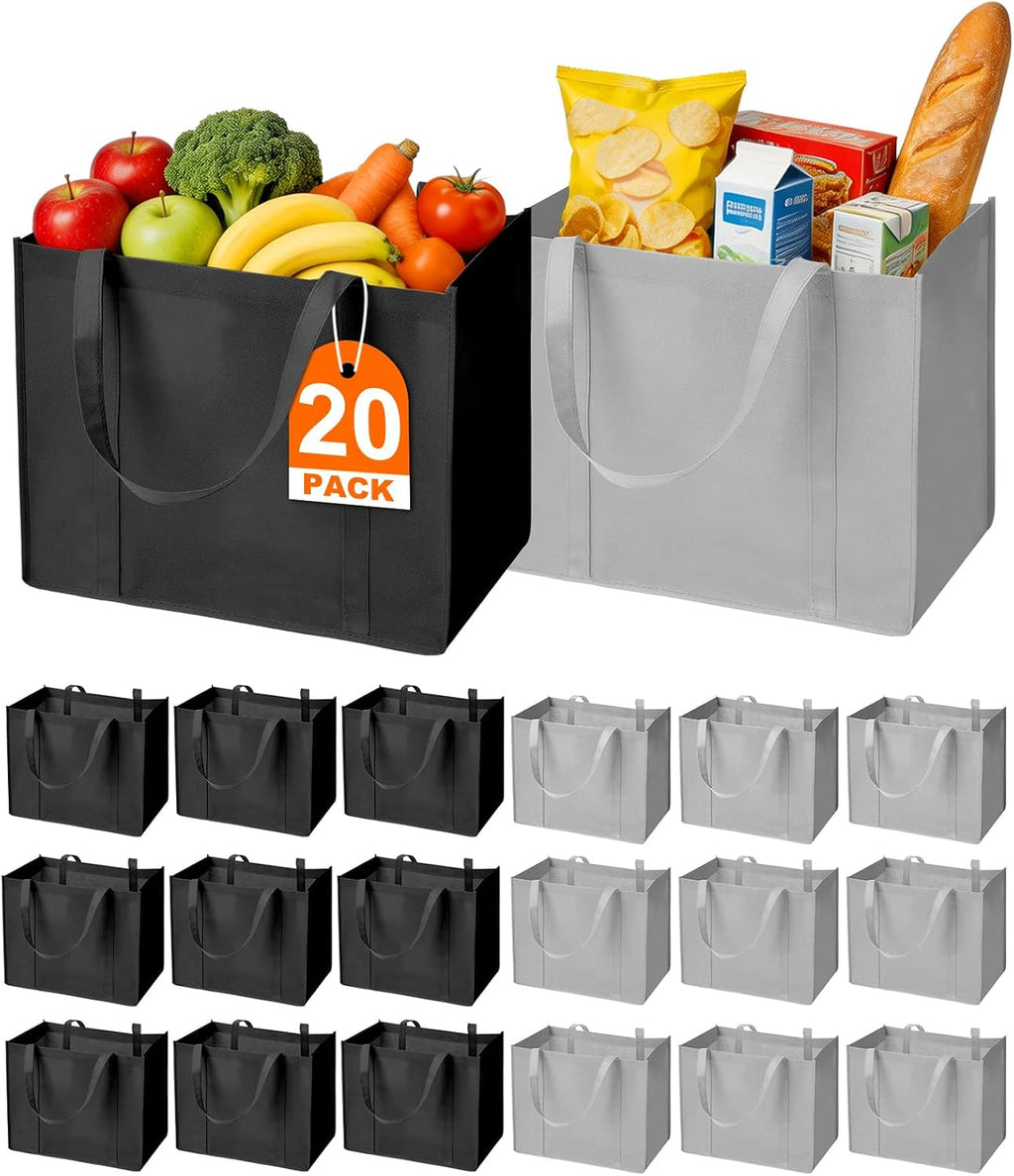 HECTOLIFE 20-Pack Reusable Grocery Bags，Large Washable Foldable Shopping Bags，Heavy Duty Tote Bags with Reinforced Handles