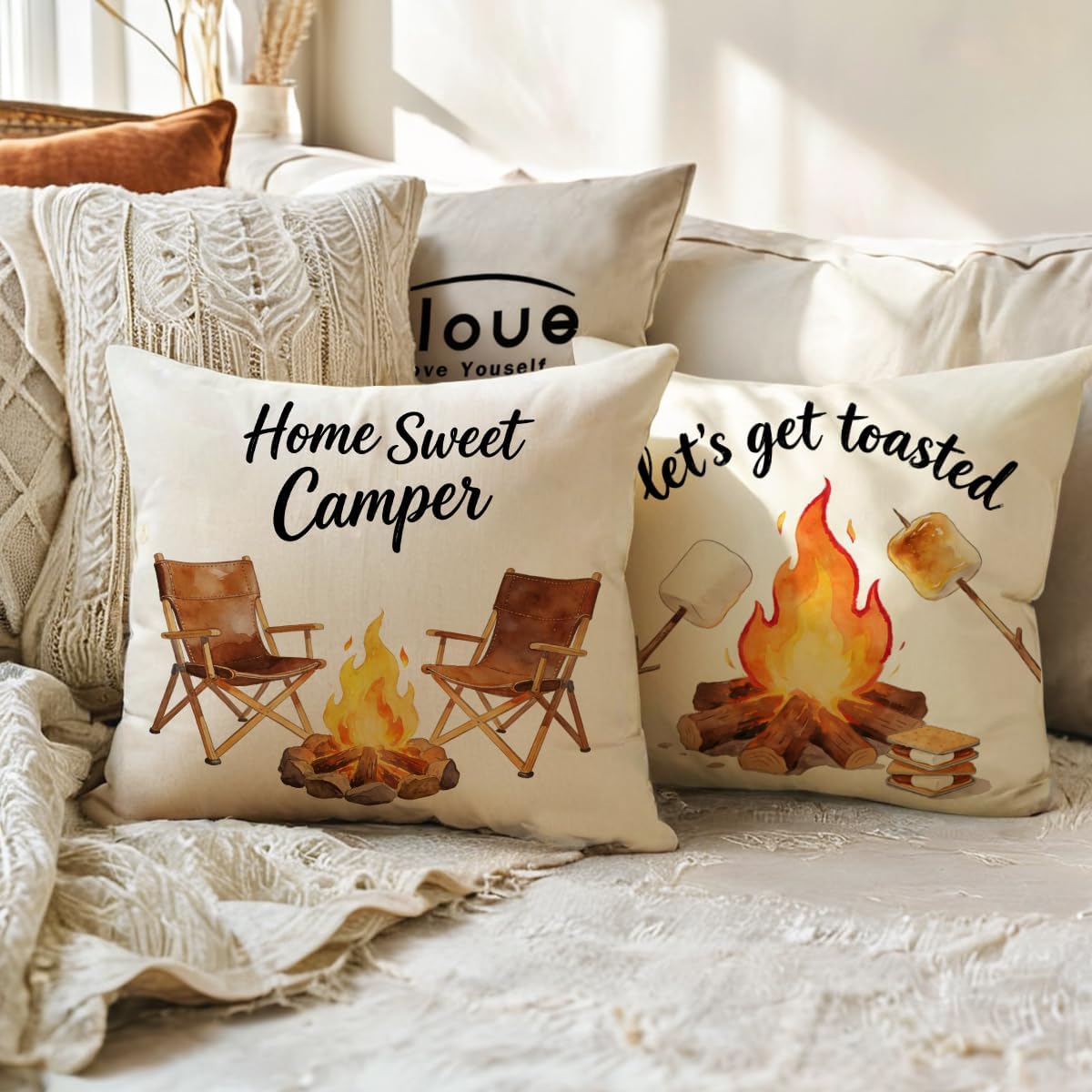 ULOVE LOVE YOURSELF Camping Throw Pillow Covers 4Pack Outdoor Campfire Adventure Decorative Pillowcases Happy Campers Cushion Covers 18 X 18 Inch for Camper, Cabin Home Decor (Brown-Orange)