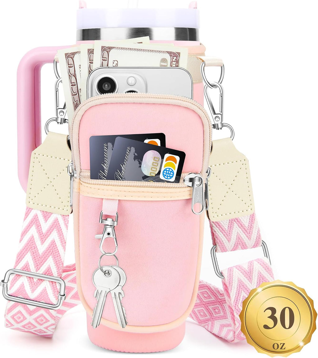 Water Bottle Carrier Bag with Canvas Shoulder Strap for Stanley 30 oz Tumbler with Handle, Water Bottle Holder Pouch with 6.7'' Phone Pocket for Stanley Cup Accessories, Birthday Gifts for Men Women