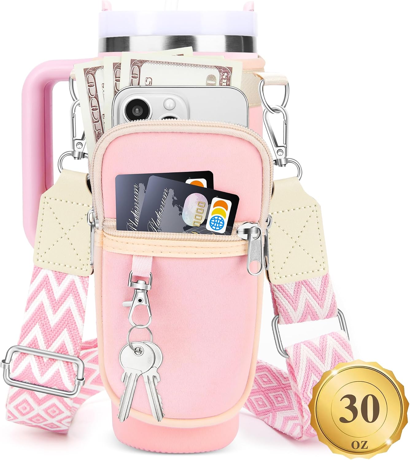 Water Bottle Carrier Bag with Canvas Shoulder Strap for Stanley 30 oz Tumbler with Handle, Water Bottle Holder Pouch with 6.7'' Phone Pocket for Stanley Cup Accessories, Birthday Gifts for Men Women