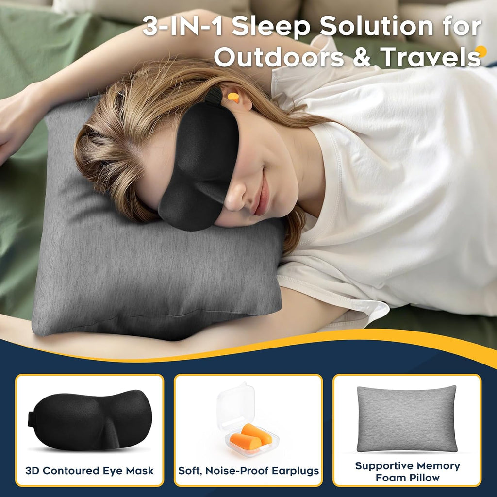 CushyOasis Camping Pillow Set with Travel Pillow, Eye Mask, Earplugs Small