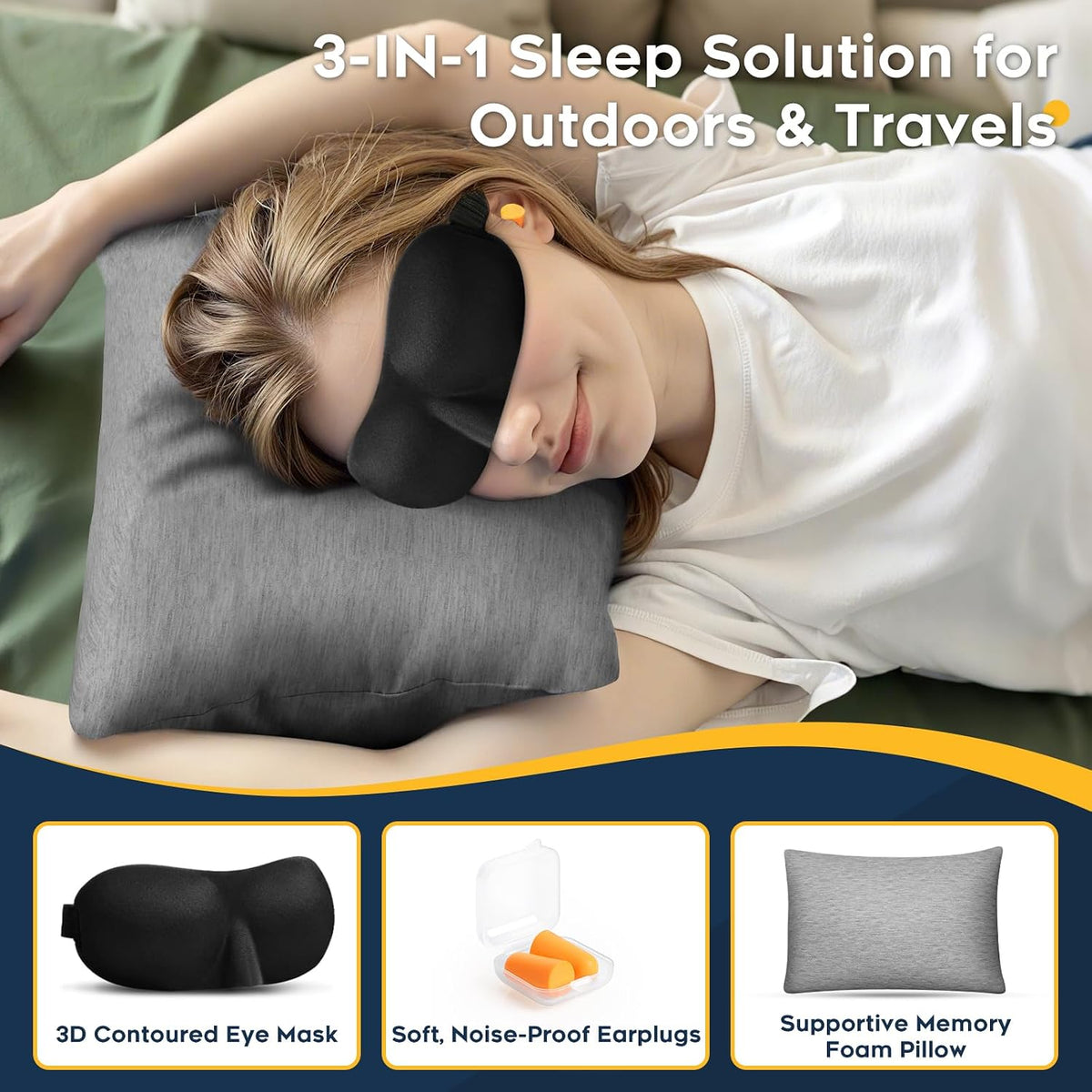 CushyOasis Camping Pillow Set with Travel Pillow, Eye Mask, Earplugs Small