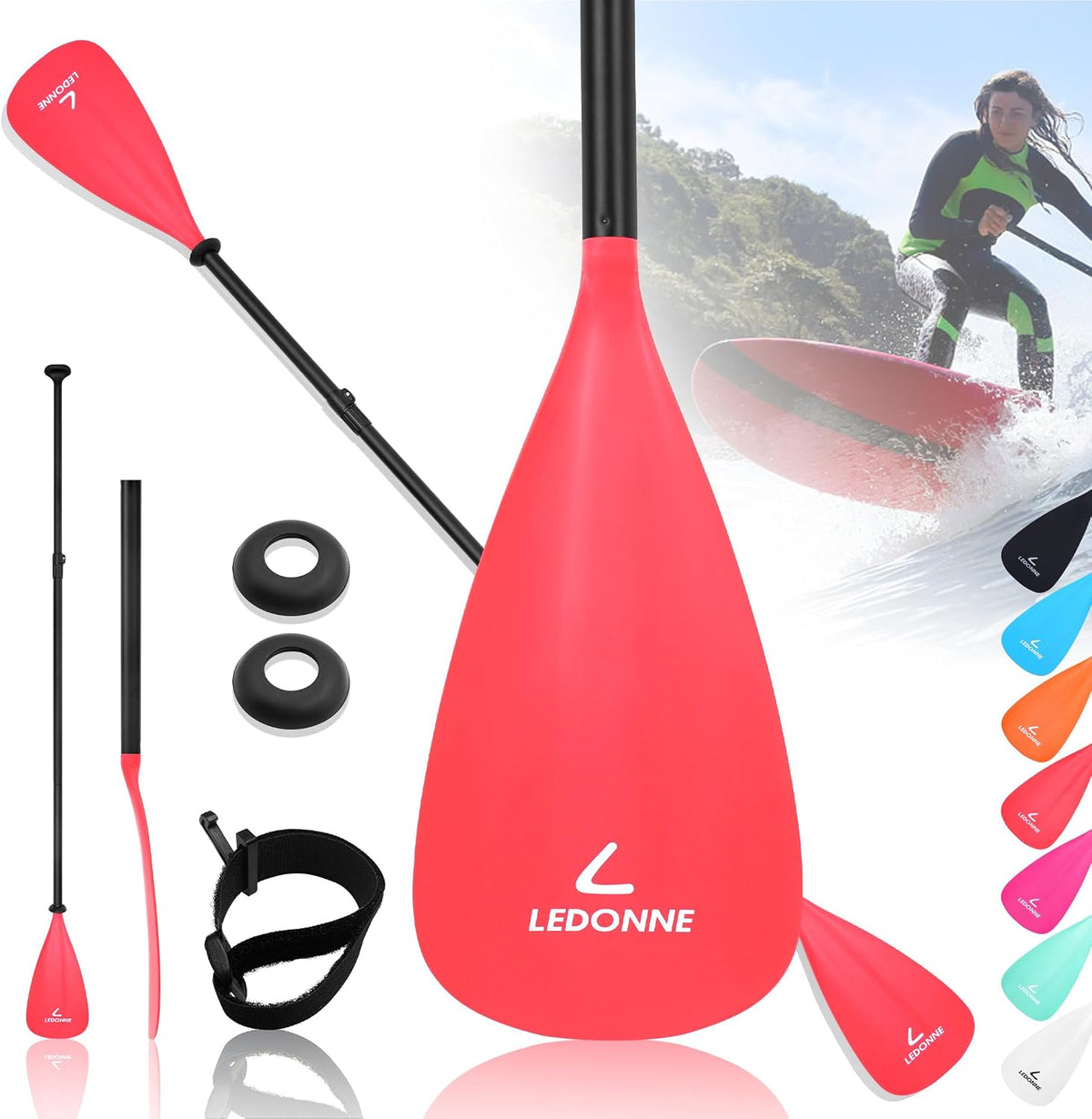 LEDONNE SUP Paddle 4-Piece Adjustable Stand Up Paddle Floating Lightweight Portable Kayak Paddle Paddleboard Oar with Aluminum Alloy Shaft, 2 Nylon Blades,3 Million Sets Per Year 500 Bought Monthly