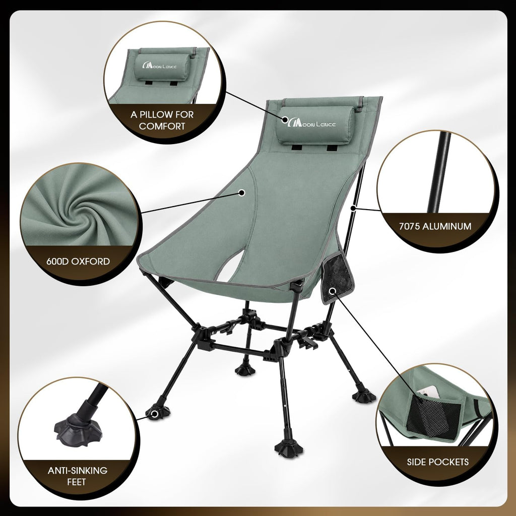 MOON LENCE High Back Folding Camping Chairs, Height-Adjustable, Widened Seat, for Beach with Anti-Sinking Feet (Grey)