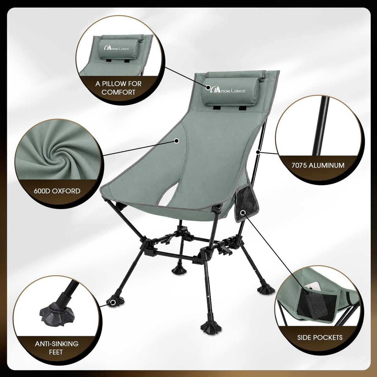 MOON LENCE High Back Folding Camping Chairs, Height-Adjustable, Widened Seat, for Beach with Anti-Sinking Feet (Grey)