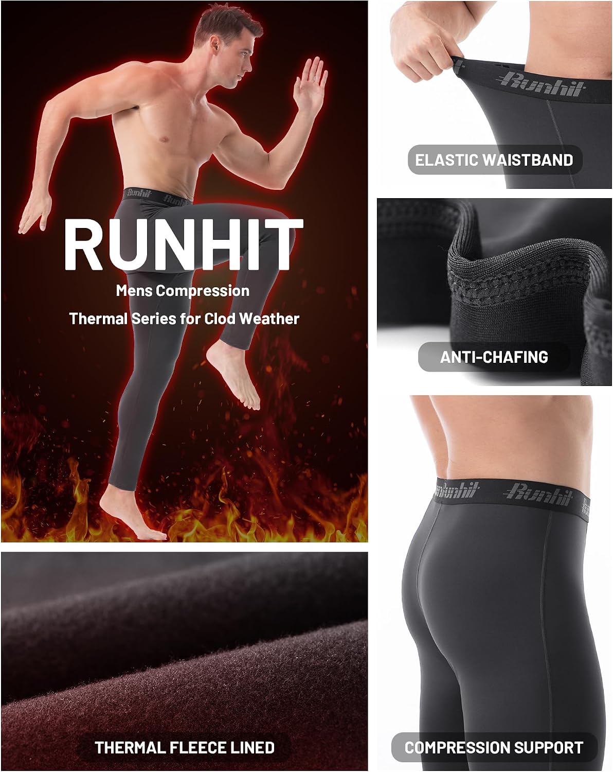 Runhit Men's Thermal Compression Pants Fleece Lined Sports Tights Athletic Leggings Base Layer Bottoms Cold Weather Gear