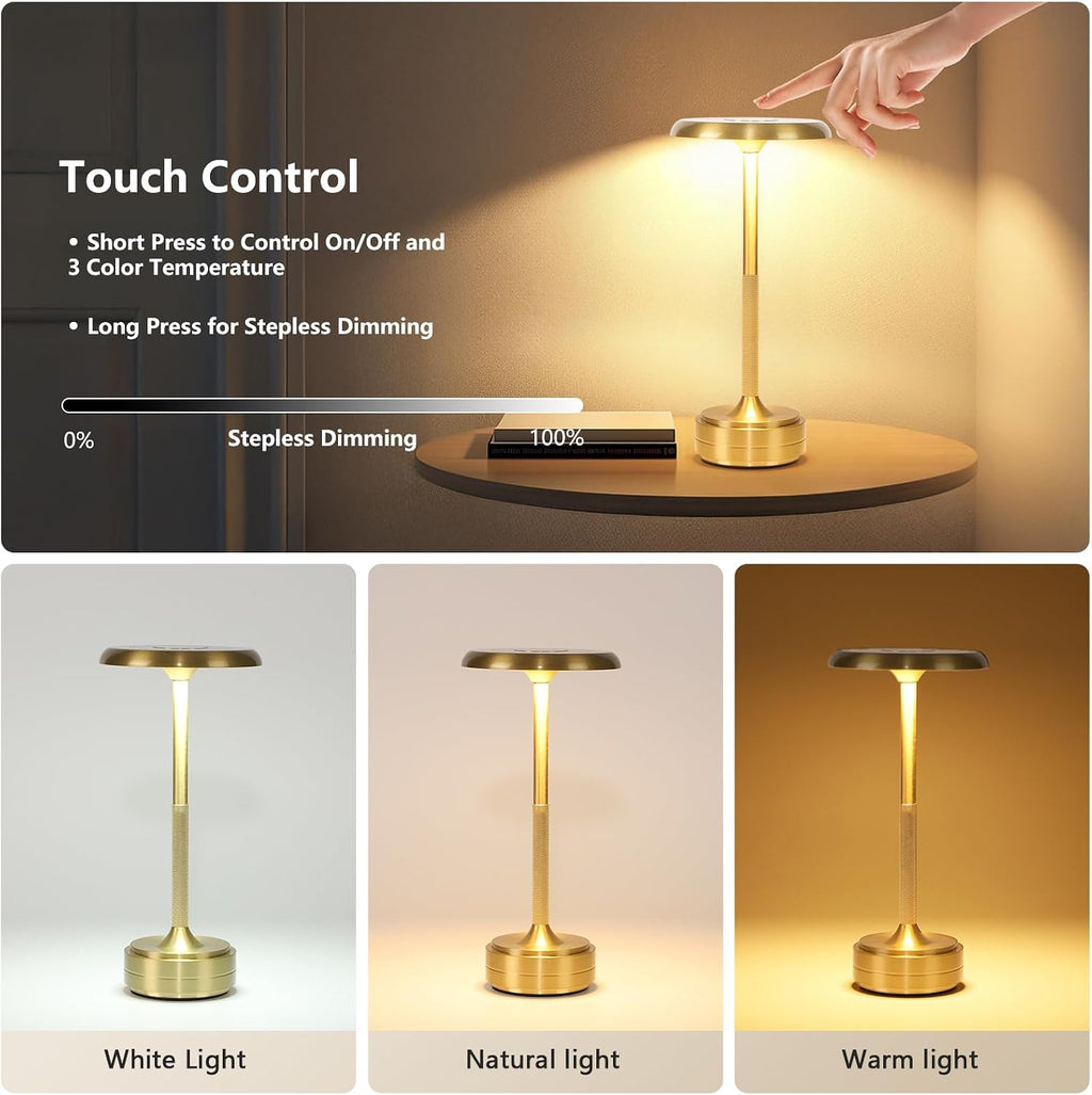 Small Gold Rechargeable Cordless LED Table Lamps Touch Sensor Light, 3-Levels Portable Dimming Wireless Battery Operated Lamp， Nightstand Lamp/Night Light/Restaurant Table/Outdoor/Coffee/Bar (Gold)