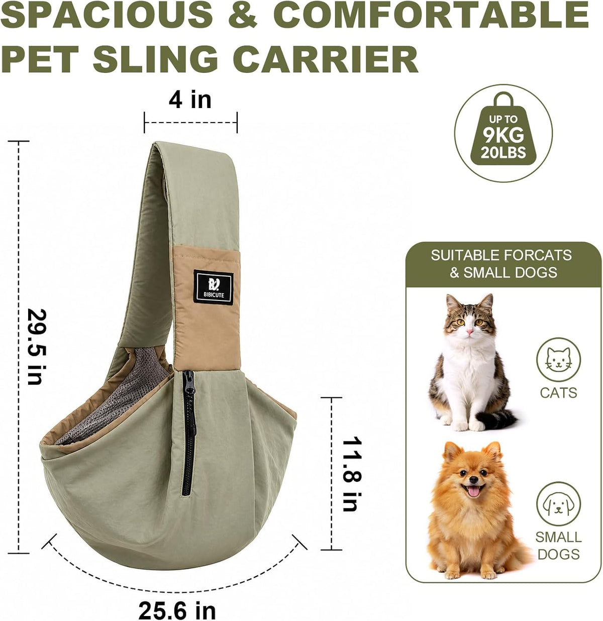 Dog Carrier Sling for Small Dogs & Cats, Puppy Sling Bag with Drawstring Mesh Opening, Safety Clip, Zipper Storage Pockets, Hands-Free Pet Carrier for Travel, Walking, Hiking (Green)