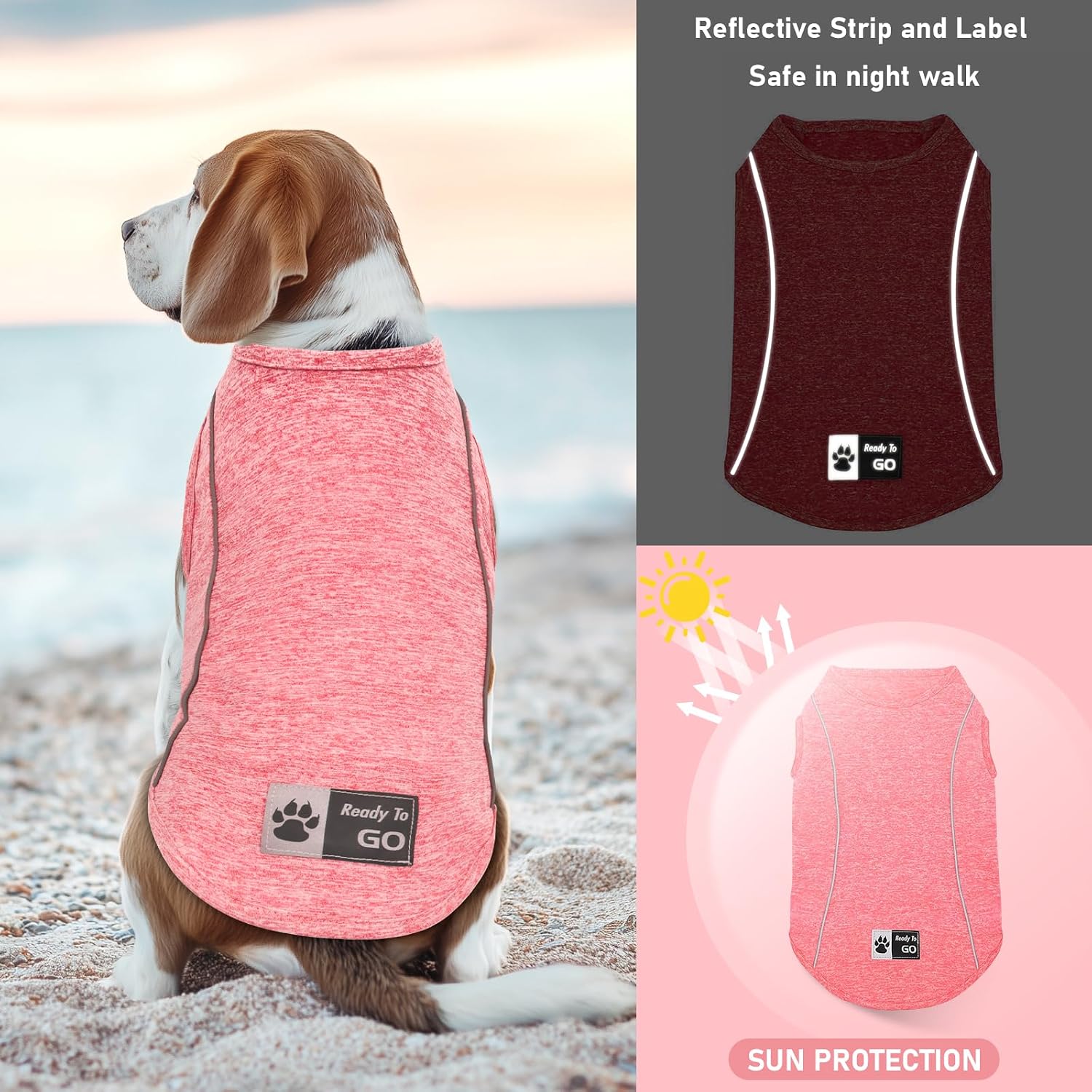 KYEESE Reflective Dog Shirt, Lightweight Sun Protection Dog T Shirts for Small Dogs, Breathable Sleeveless Pet Tank Top Summer Dogs Clothes for Night Walking Outdoor, Coral Red, M