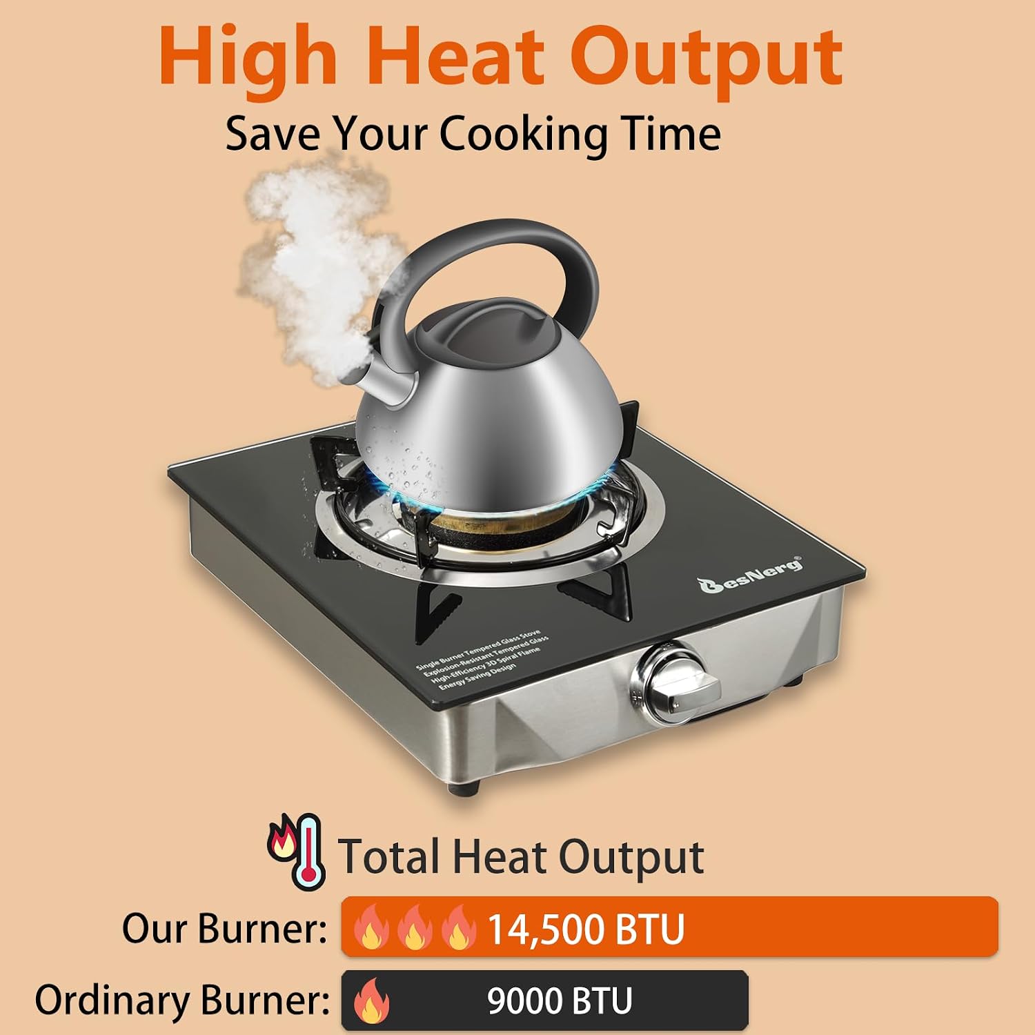 1 Burner Propane Gas Stove with Auto Ignition, 14500 BTU High-Efficiency Heavy-Duty Tempered Glass Cooktop, CSA Regulator & Hose Included, for Outdoor Camping Emergency