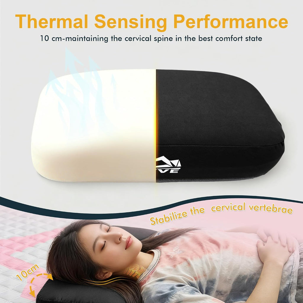 Thick Camping Memory Foam Pillow, Compressible & Ultralight Travel Pillow for Backpacking - Ergonomic Neck & Lumbar Support for Side Sleepers, Compact for Hiking, Car, Airplane (Black)