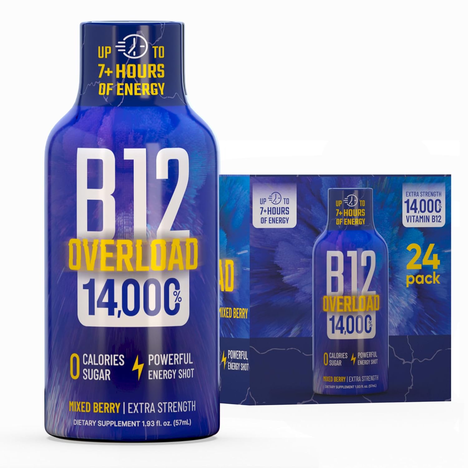 B12 Overload Extra Strength Energy Shot – Mixed Berry– 260mg Caffeine, 14000% B12, Electrolytes – Energy & Vitality Support – Zero Sugar No Calories – Vegan, Kosher, Gluten-Free – 1.93 fl oz, 24-Pack