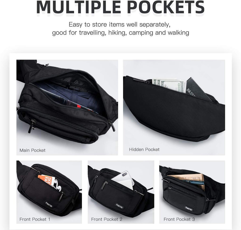 FREETOO Fanny Pack For Men Women, Large Capacity Waist Bag Black Belt Bag | 6 Pockets, Waterproof, Adjustable, Scratch-Resistant, Wear-Resistant, Travel Vacation Walking Hiking Running Park Fishing