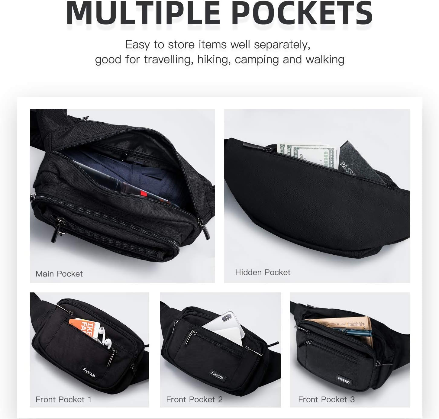 FREETOO Fanny Pack For Men Women, Large Capacity Waist Bag Black Belt Bag | 6 Pockets, Waterproof, Adjustable, Scratch-Resistant, Wear-Resistant, Travel Vacation Walking Hiking Running Park Fishing