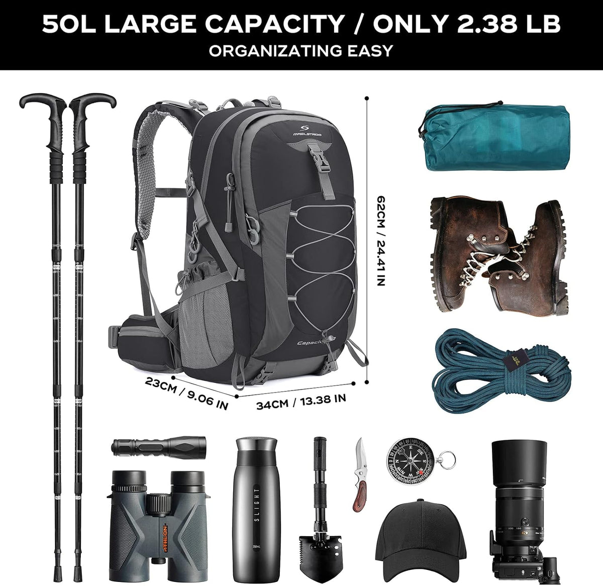 Maelstrom 50L Hiking Backpack, Lightweight Camping Daypack with Rain Cover