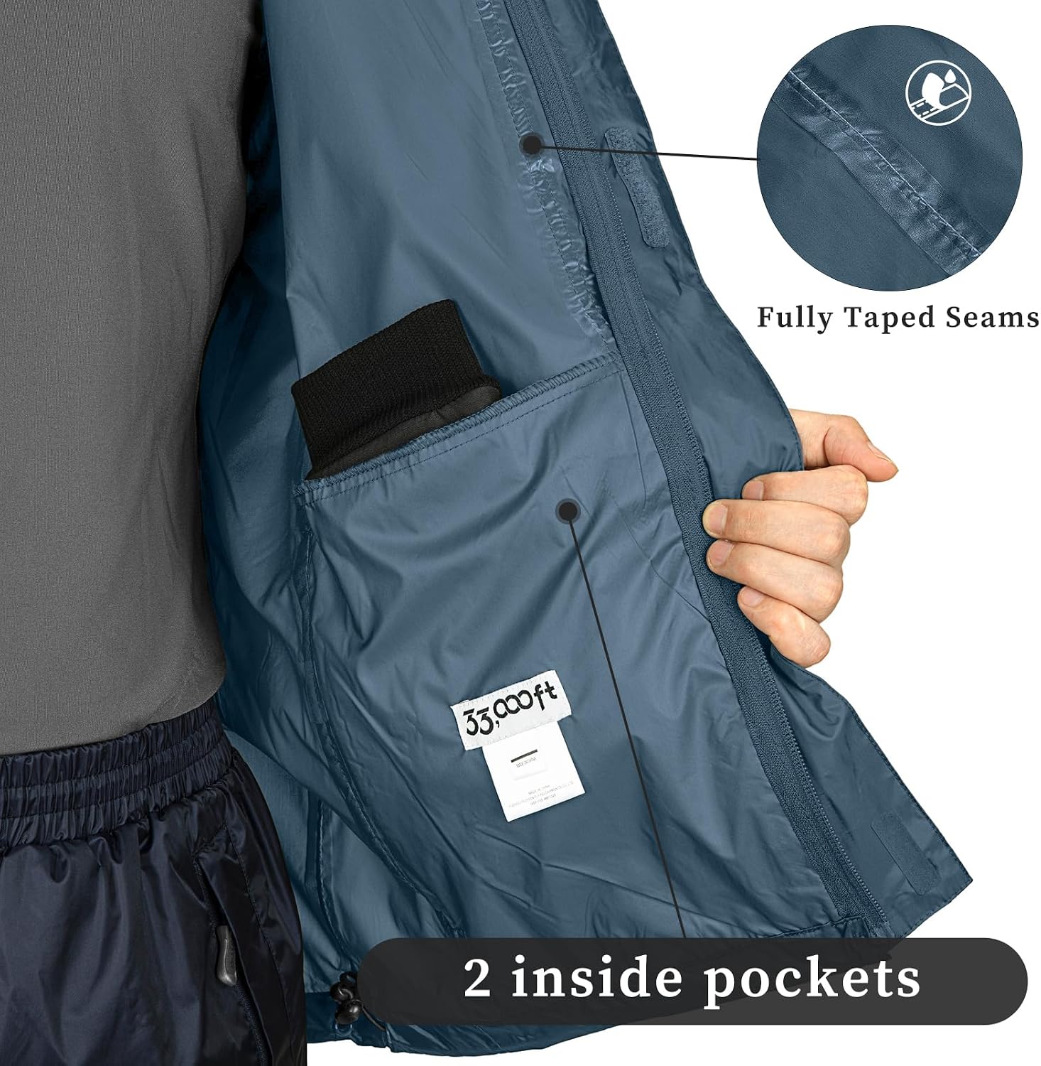 33,000ft Men's Packable Rain Jacket Lightweight Waterproof Golf Raincoat