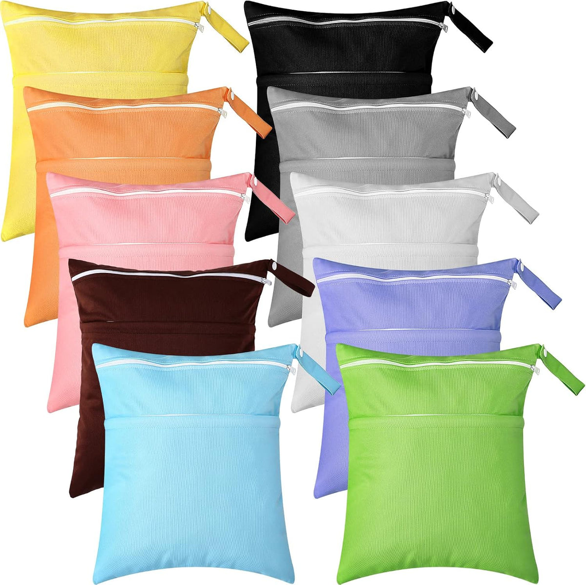 Woanger 10 Pack Wet Dry Bags for Baby Cloth Diapers Waterproof Reusable Travel Bags with Two Zippered Pockets Pool Beach Pouch for Swimsuit Beach Pool Daycare Yoga Gym Dirty Wet Clothe(Classic Color)