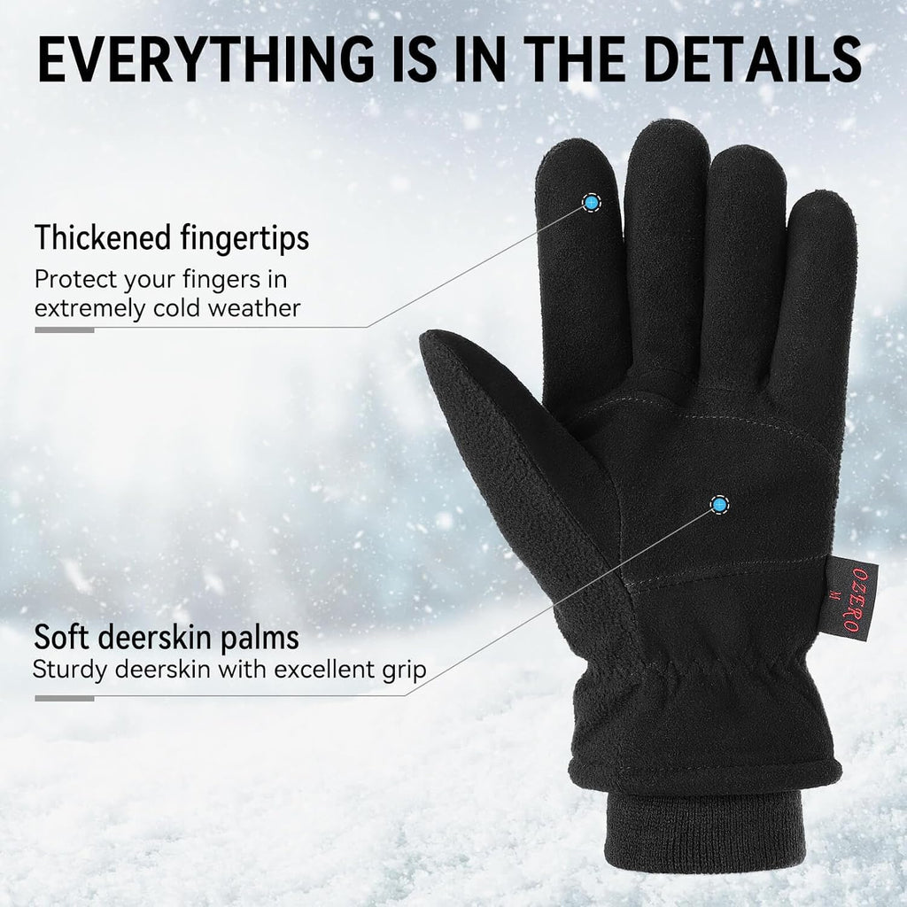OZERO Mens Winter Gloves,Warm Deerskin Leather Fleece Fabric