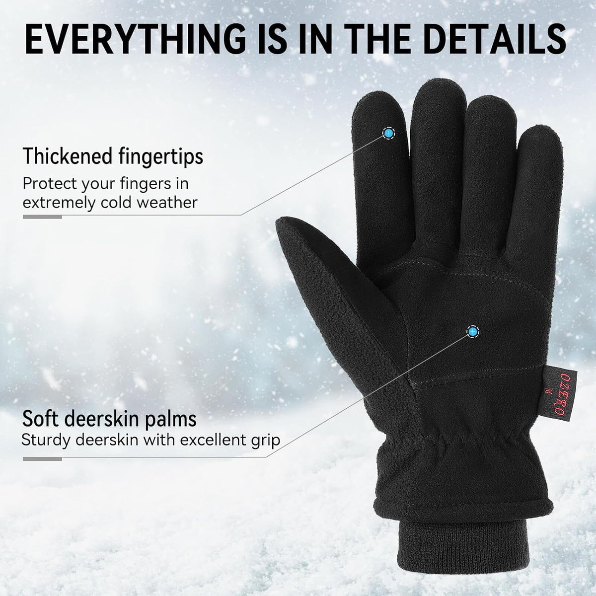OZERO Mens Winter Gloves,Warm Deerskin Leather Fleece Fabric