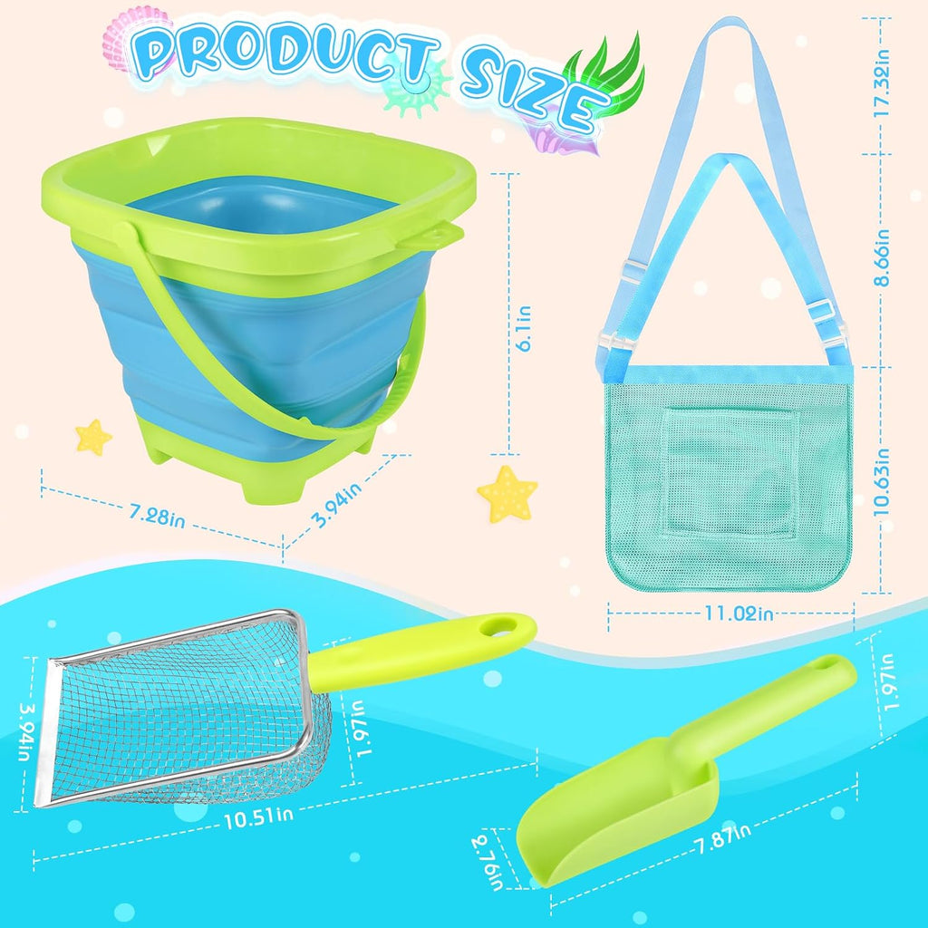 FHOZGECY 2 Pack Beachcombing Kit with Sifters for Beach Vacation Essentials | Collapsible Buckets, Stainless Mesh Sifters, Scoops and Mesh Bags for Shelling, Outdoor Exploration Play for Kids Ages 3-12