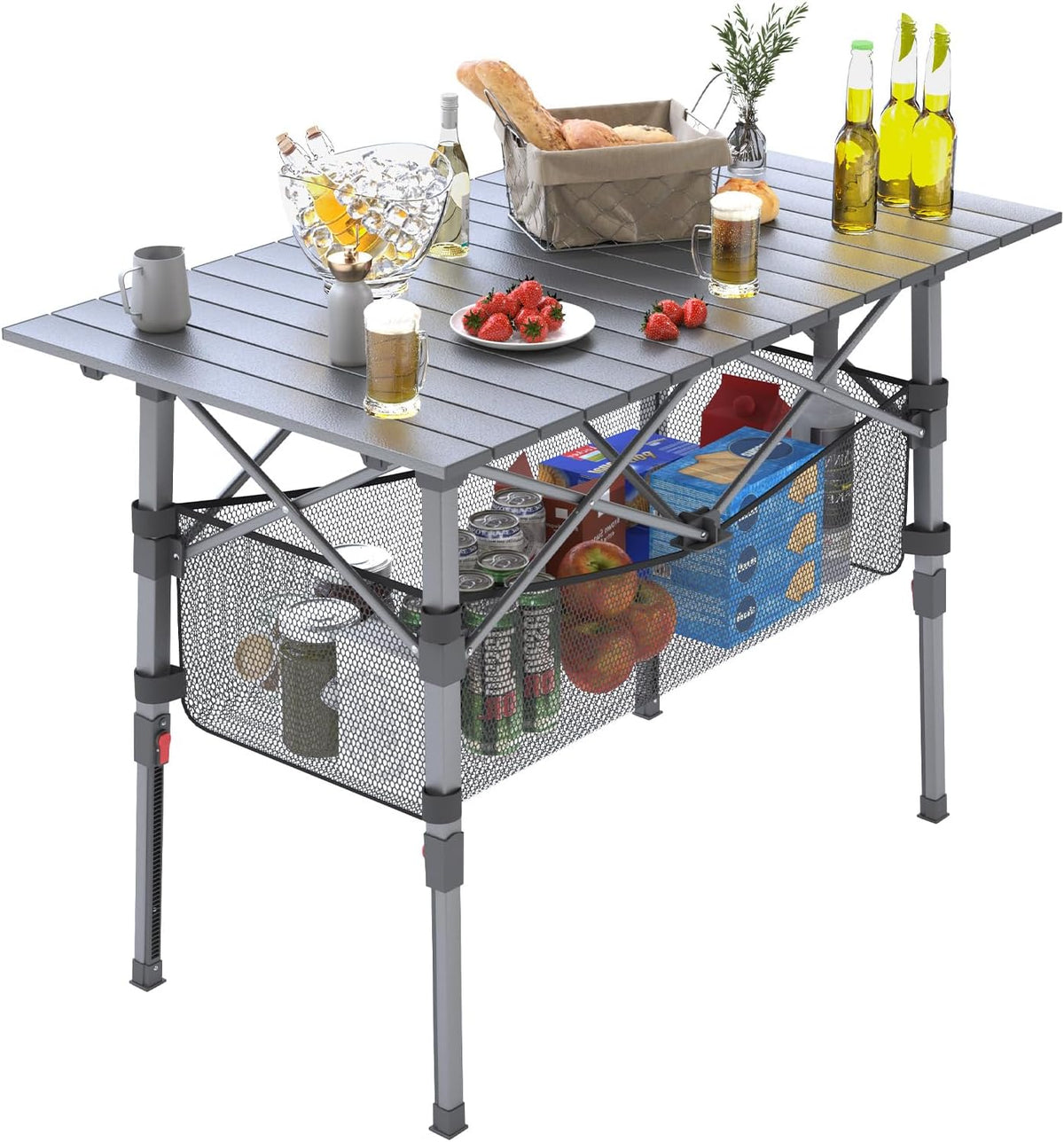 Portable Camping Table with Adjustable Height Legs, Lightweight Aluminum Roll-up beach tables for sand foldable，Folding Picnic Table Large Storage Basket for Outdoor camping (Black, Medium 37")
