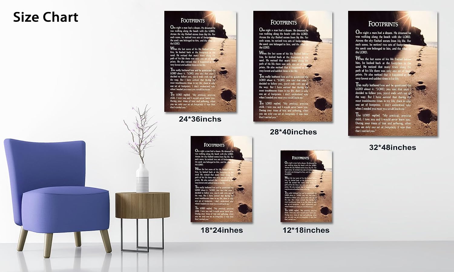 Footprints in the Sand Wall Art Decor, Footprints in the Sand Canvas Prints Wall Art, Inspirational Christian Poem Wall Poster Gift, Beach Picture Wall Art for Living Room Beach Office 24"Wx36"HInches