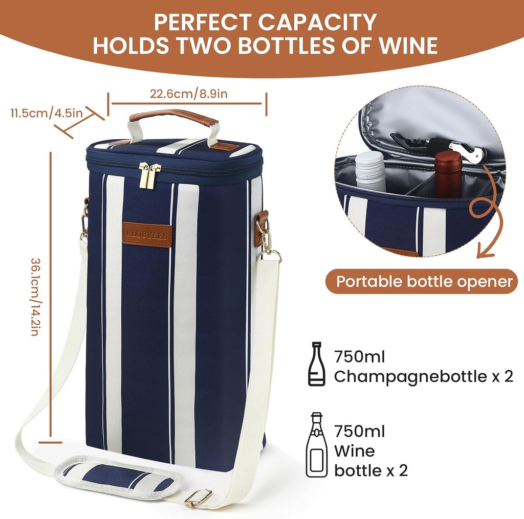 BLUBYEES 2-Bottle Insulated Wine Carrier Tote - Leakproof Padded 900D Oxford Wine Cooler Bag for Travel, Picnics, Beach & Parties - Ideal Wine Gift for Wine Lovers