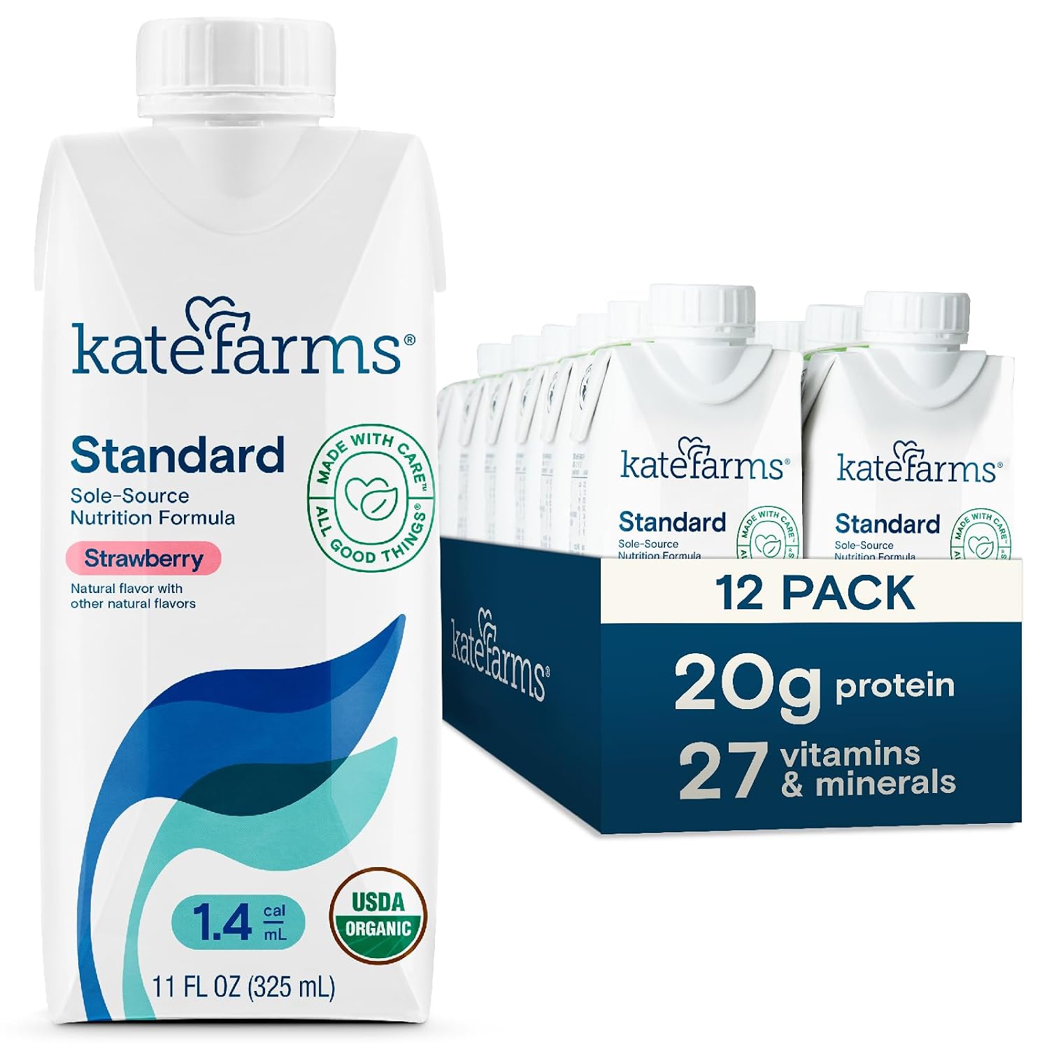 KATE FARMS Organic 1.4 High Calorie Shake, Strawberry, 20g Protein, 12 Pack