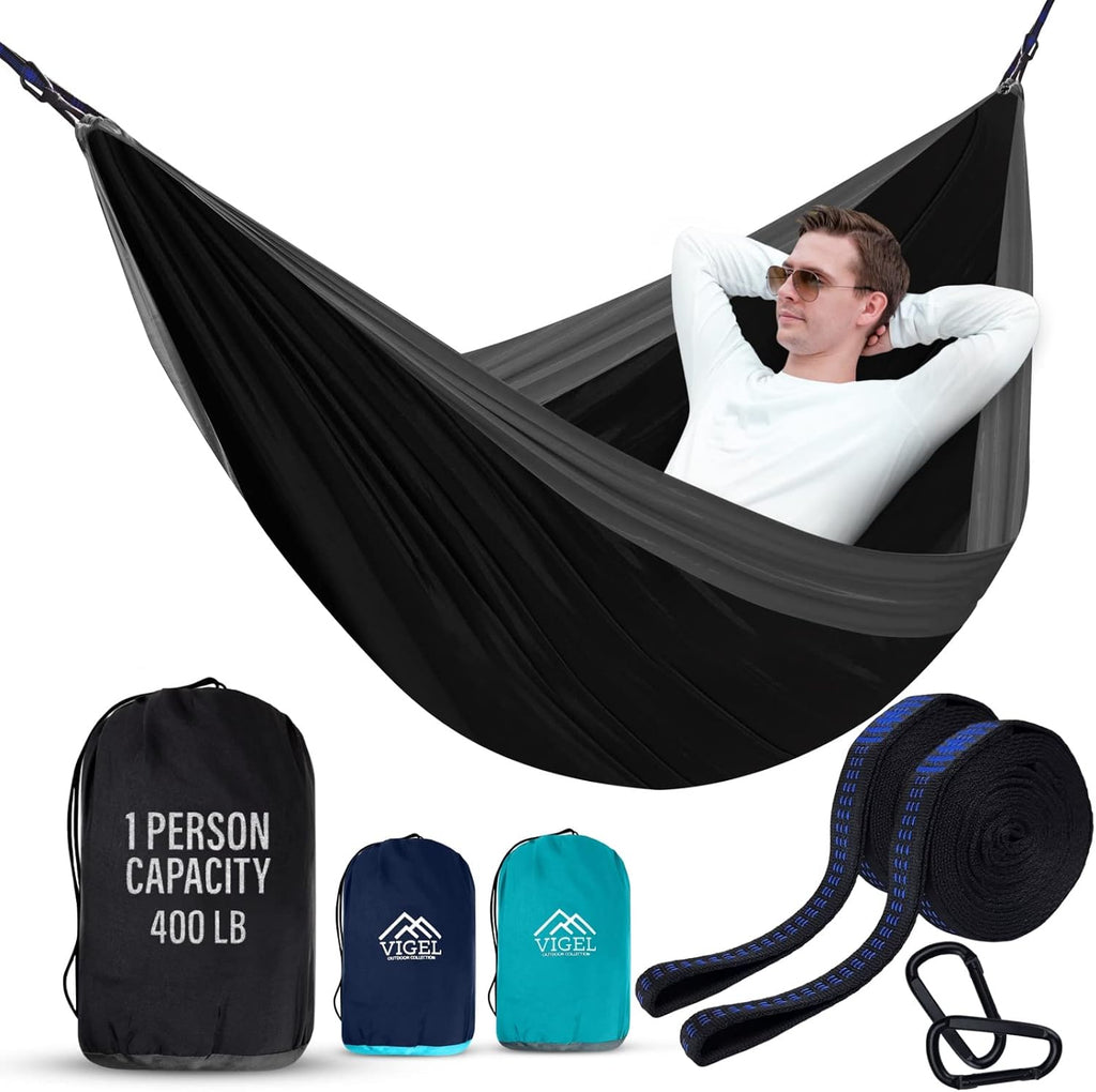 Vigel Camping Hammock - Durable Hammock, Nylon Hammock - Double or Single Hammocks - Portable Tree Hammocks for Outside - Easy to Set, Camping Accessories for Outdoor, Travel, Hiking