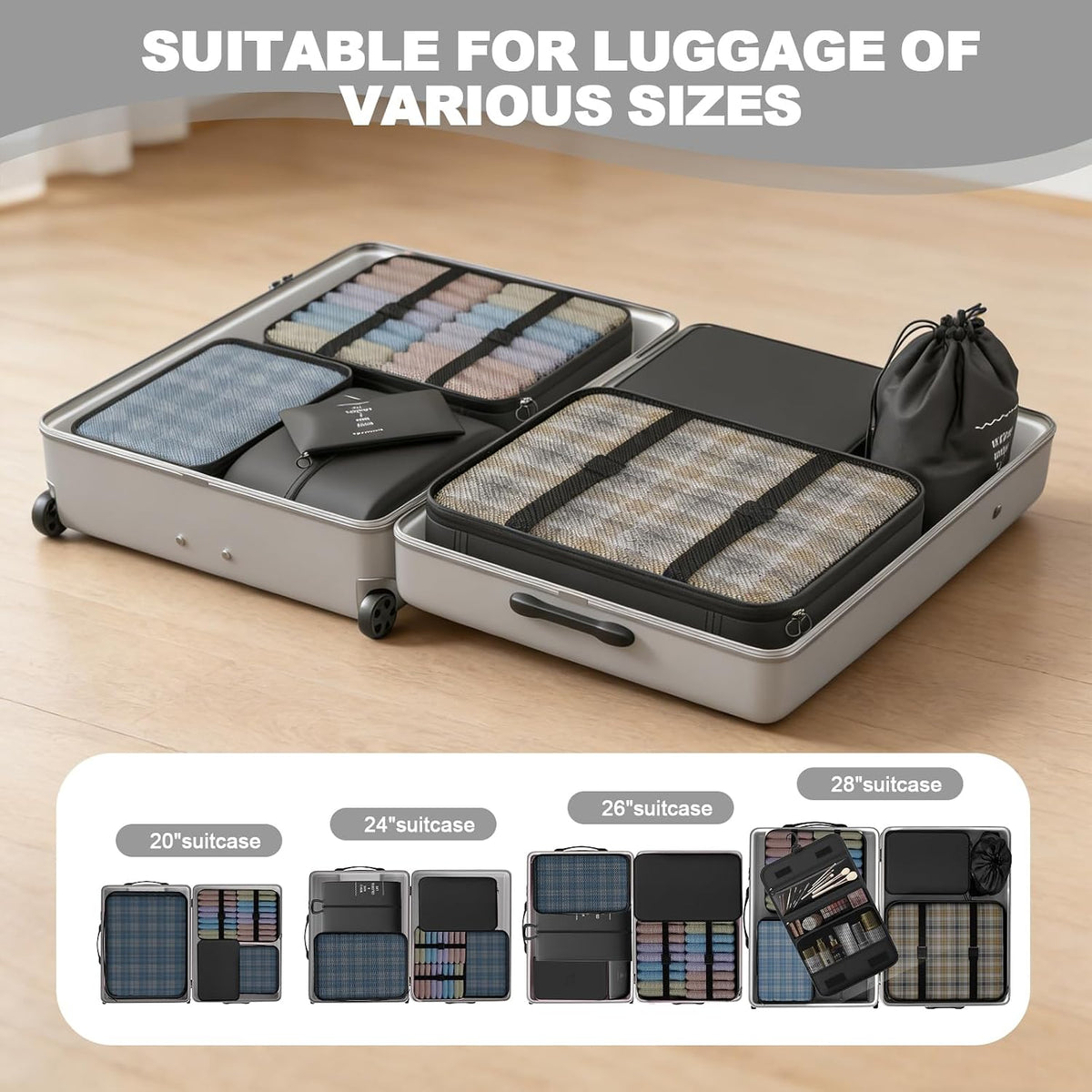 8 Set Packing Cubes for Travel, Suitcase Organizer Bags for Luggage (Black)