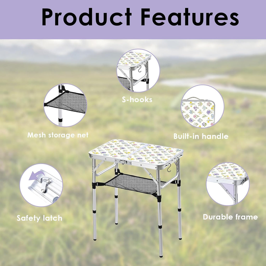 Small Folding Camping Table, 2ft Portable Table, Blossoms