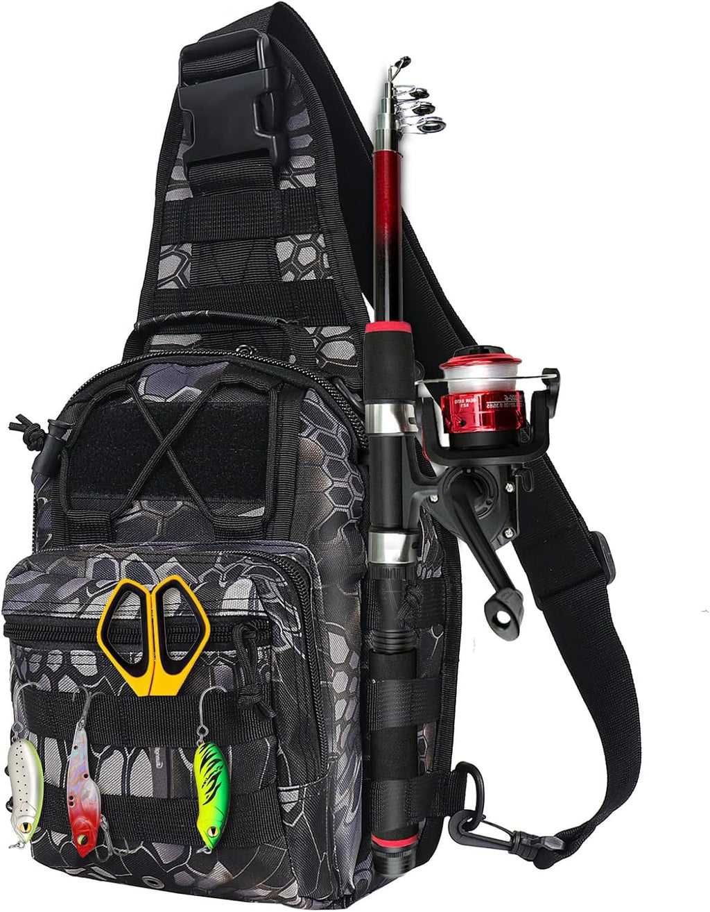 Fishing Backpack Small Fishing Tackle Storage Bag with 3 Methods of Carrying Large Capacity Sling Backpack for Outdoor Hiking Travel Hunting (Pythonskin Black)