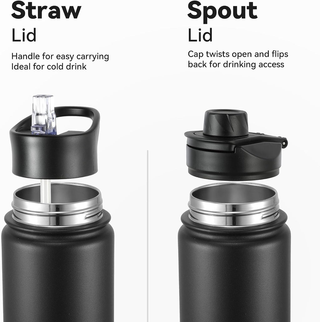 16 oz Insulated Water Bottle with Straw Lids, Stainless Steel Kids Water Bottles for School, Double Wall Vacuum Metal Water Bottle with Straw & Wide Mouth Lid, Black 8 Pack