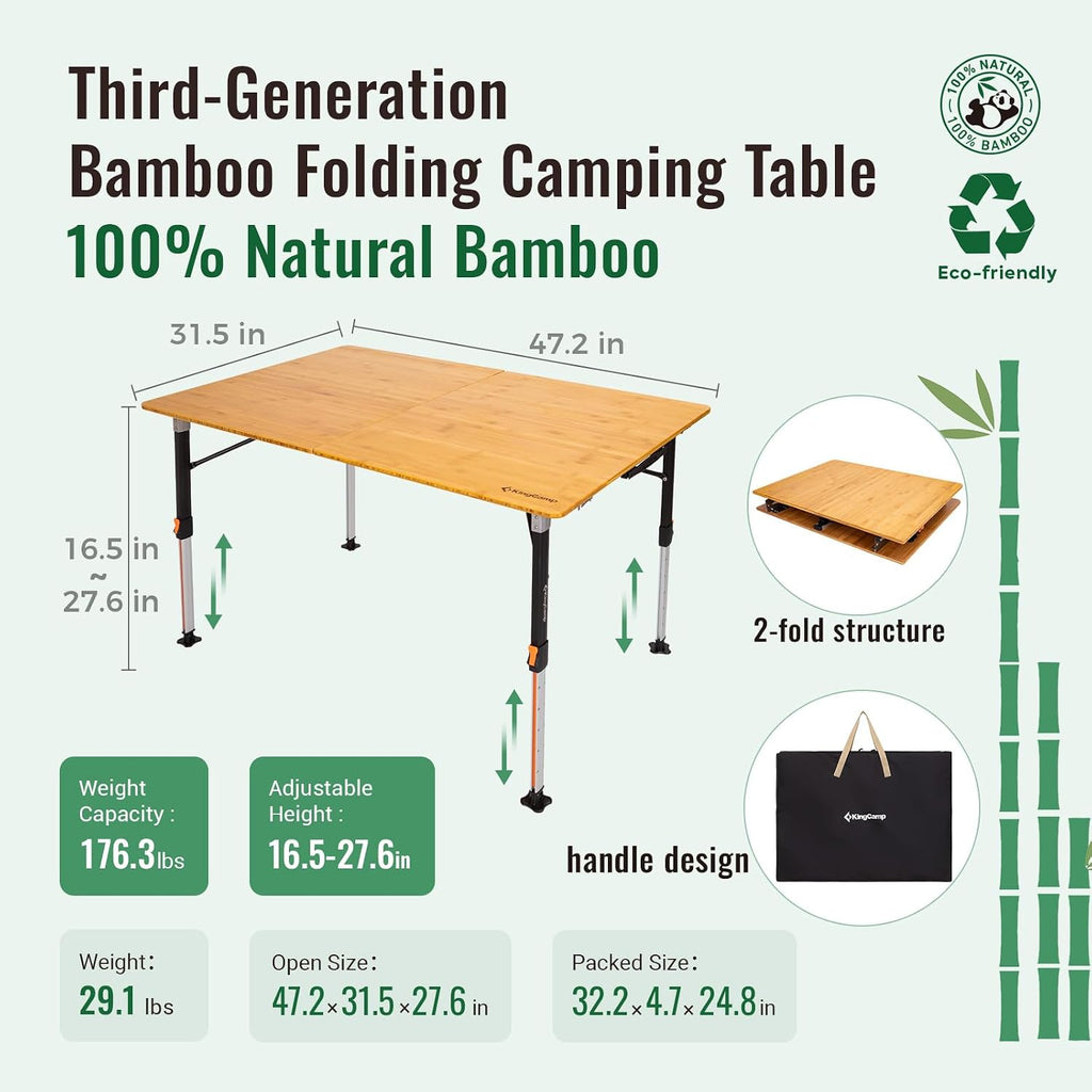 KingCamp Bamboo Folding Table with Adjustable Height