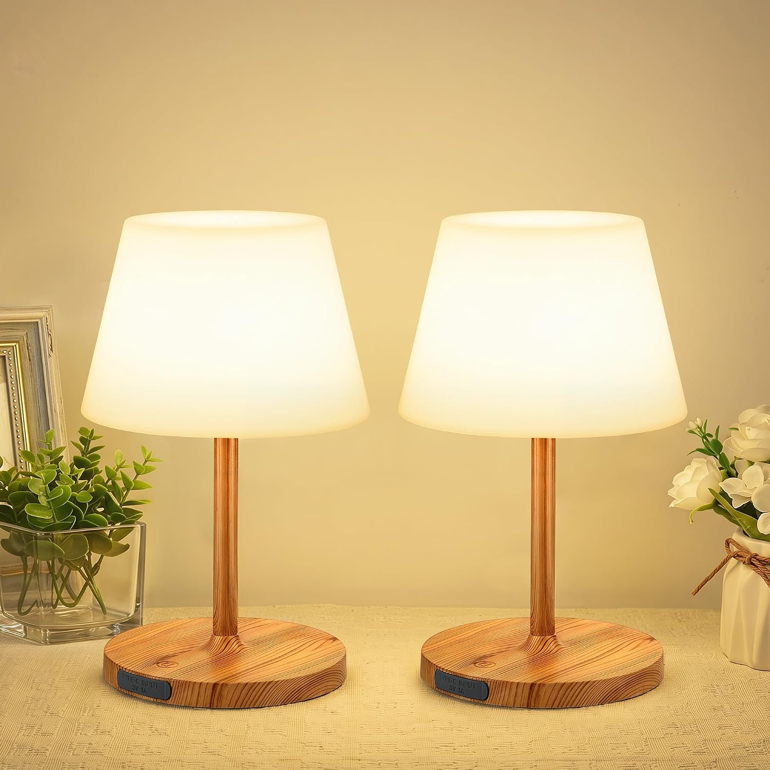 LUTEC 2 Pack Shower Lamp Waterproof, 6000mAh Rechargeable Cordless Table Lamp with 3 Color Temps and Stepless Dimming, Touch Control & Portable LED Nightlight for Bathroom, Desk, Outdoor(Wood Grain)