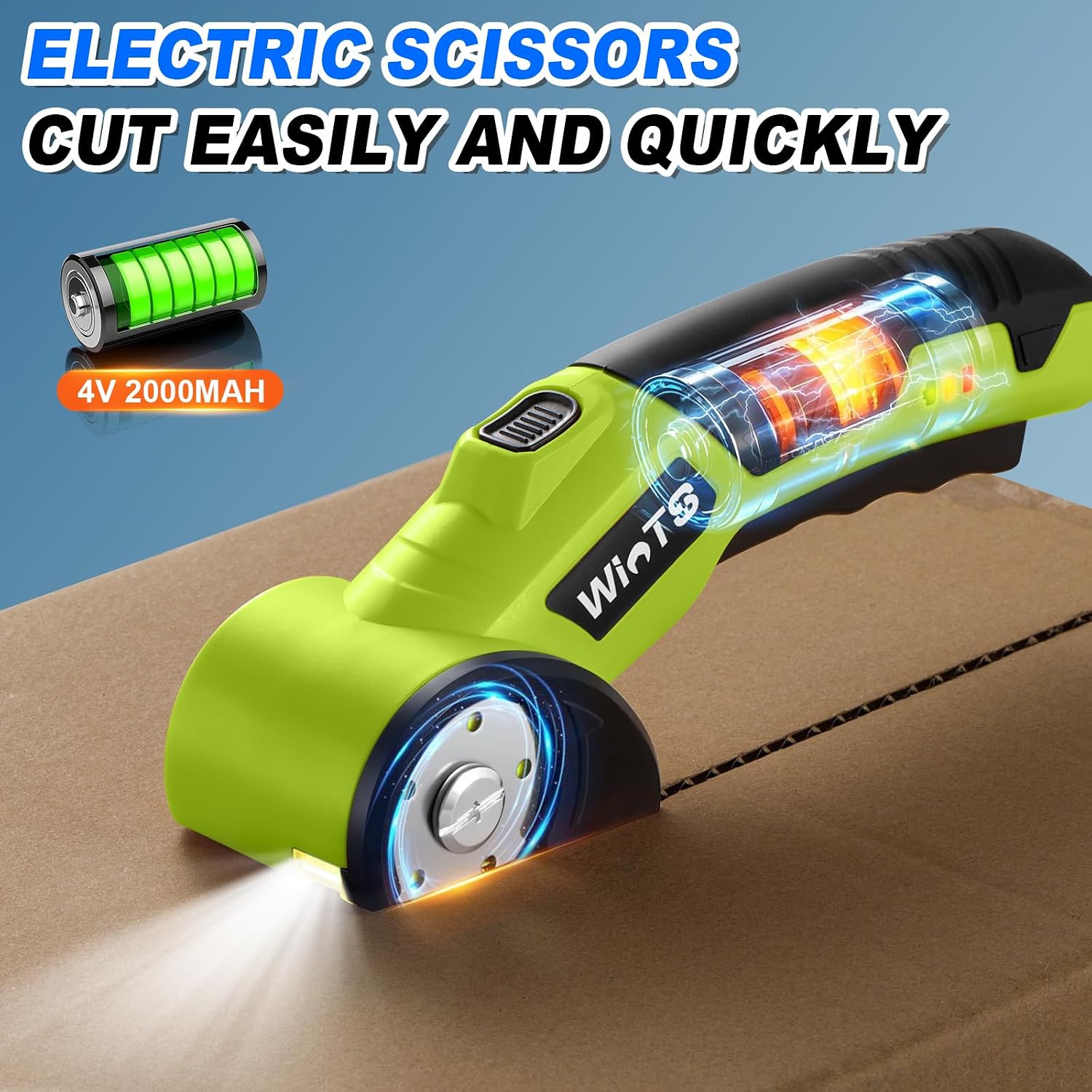 WINTS Cordless Electric Scissors,High-Capacity 2000mah Battery 4V Cardboard Cutter with Safety Lock & LED Light, Rechargeable Rotary Cutter for Box Carpet Plastic Fabric With 2 Blades (Green)
