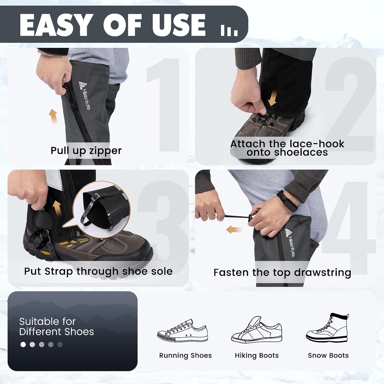 Hikenture Hiking Gaiters with Upgraded Zipper, Gaiters for Hiking Waterproof, Lightweight Leg Shoe Gaiters for Men Women (Grey&Black, Large)