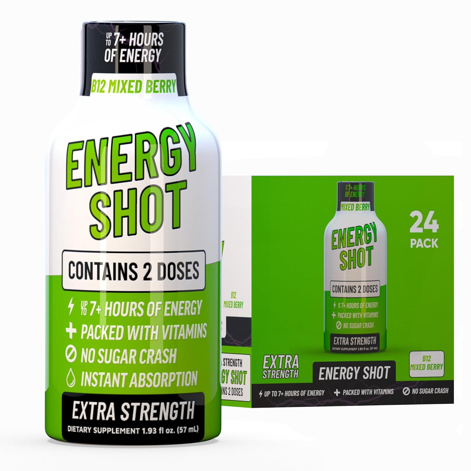 B12 Mixed Berry Extra Strength Energy Shot 24 pk – 260mg Natural Caffeine B12 B6 – Energy & Vitality Support – 2 Servings Sugar Free Zero Calorie Green Tea B-Vitamins Electrolytes Vegan – 1.93 fl oz