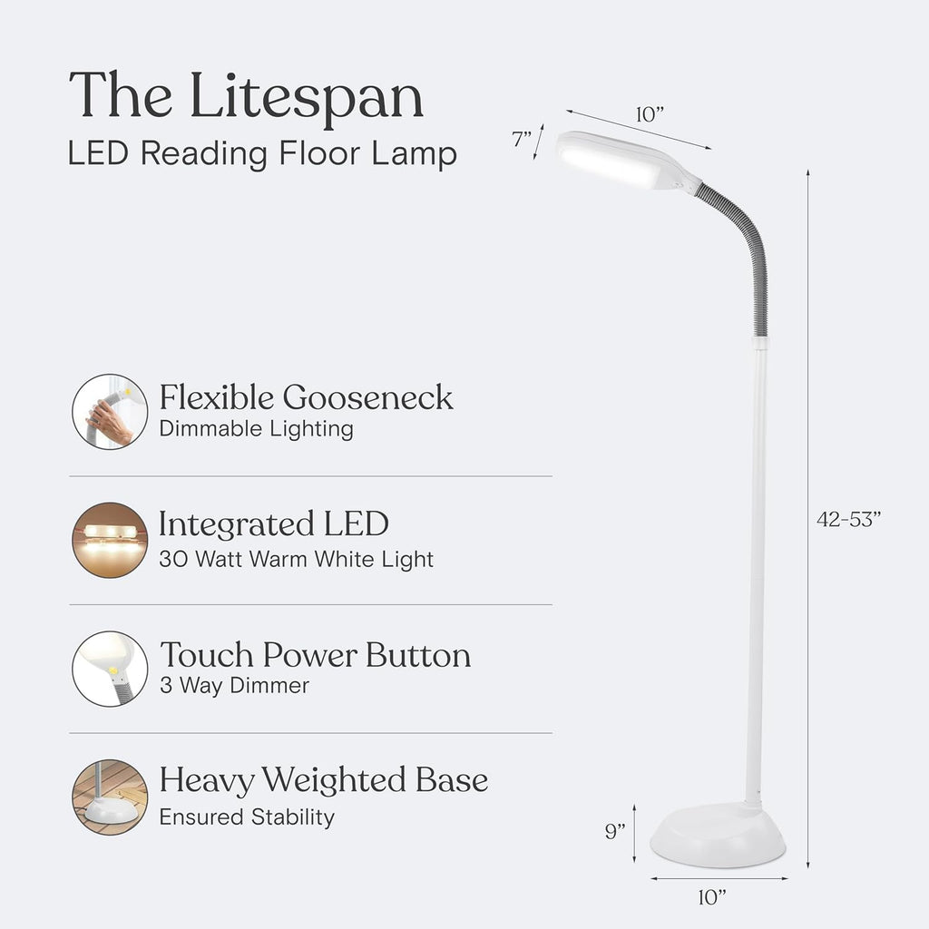 Brightech Litespan - Bright LED Floor Reading Lamp for Over Chair Crafts and Reading, Estheticians' Light for Lash Extensions, Adjustable Standing Lamp for Living Room, Bedroom, Office - White