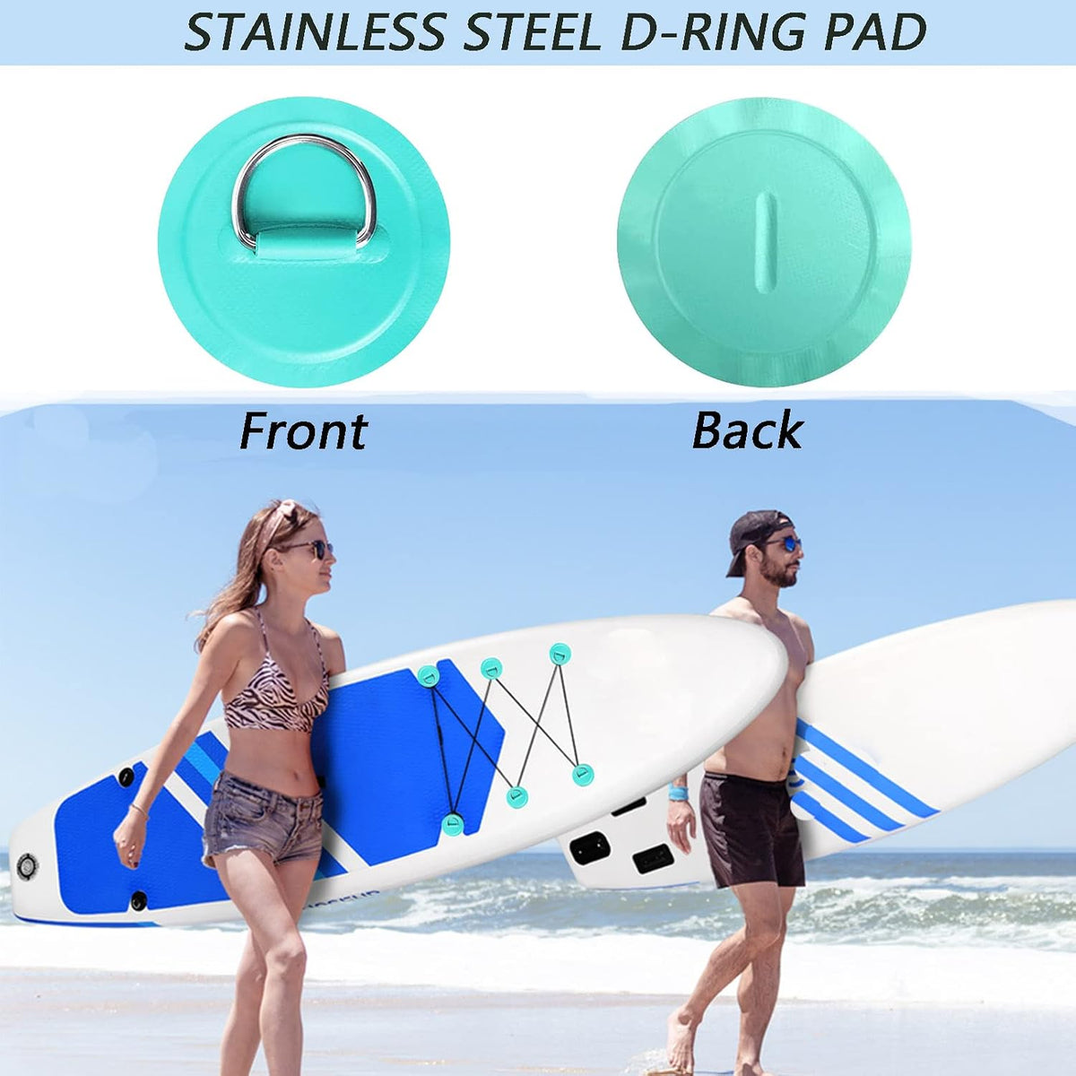 LOOEEL 6 Pack Stainless Steel D-Ring Circular Patch for PVC Inflatable Boat Kayak SUP Canoe Deck Surfboard Accessories,NO Glue Include.-Cyan