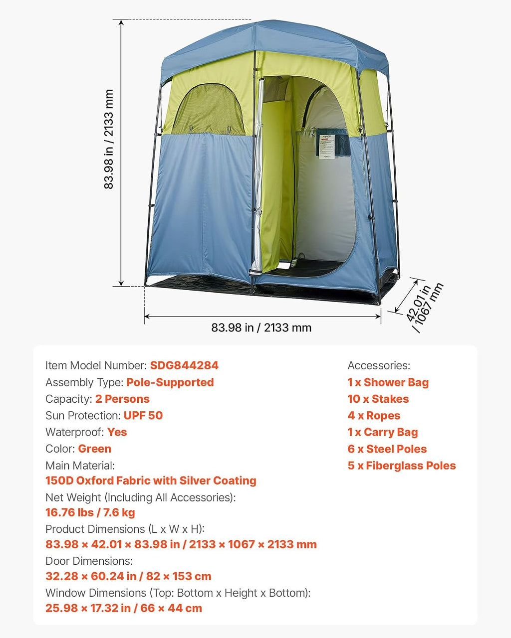 VEVOR Camping Shower Tent, 2-Room Portable Privacy Tent Changing Room with Shower Bag, Ground Stakes, Ropes, Carry Bag, and Support Poles, 150D Oxford Fabric with Silver Coating, for Camping, Fishing