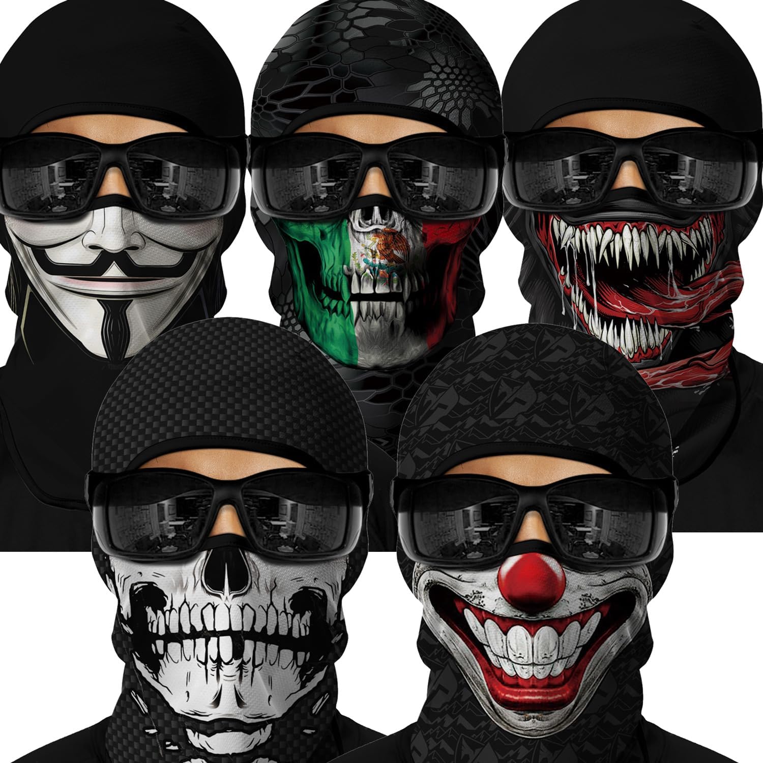 Red Plume 5PCS Ghosts Skull Print Balaclava Full Face Ski Mask UV Protection for Motorcycle Riding Outdoor Sports Men & Women
