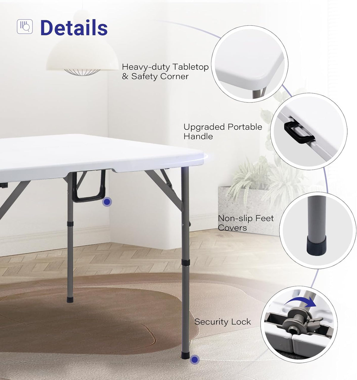 34" Square Folding Card Table,Fold-in-Half Utility Portable Table,White