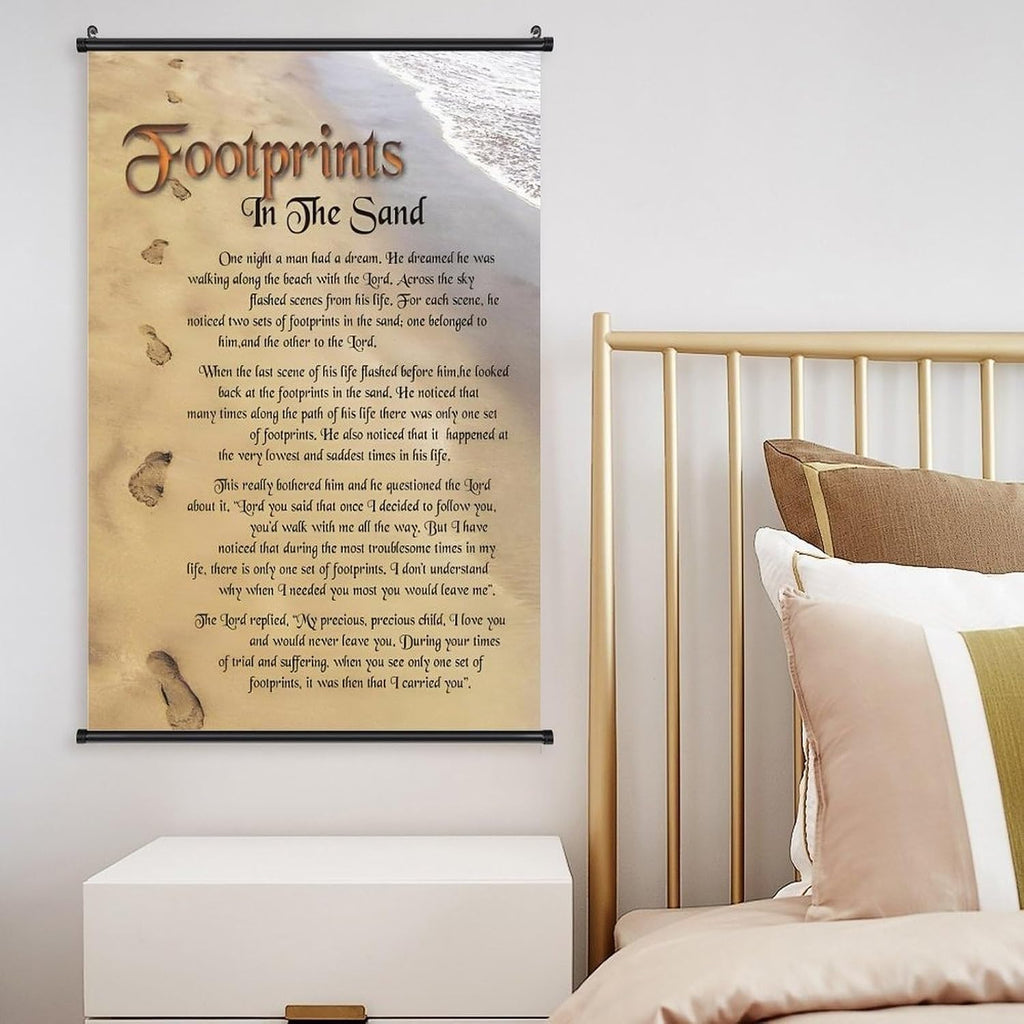 Footprints in the Sand Religious Canvas Wall Art Posters, Inspirational Beach Sunset Poem Print Poster (Black Axis 12x18inch, Footprints(3))