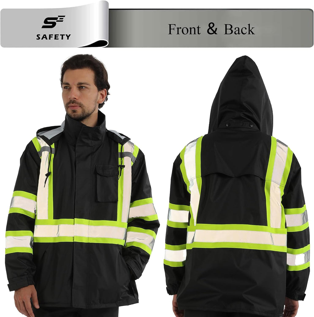 sesafety Hi Vis Rain Jacket, Rain Suits for Men Waterproof withBlack Bottom